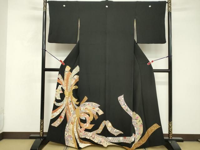 【高島屋誂え】手描き束ね熨斗に宝尽 黒留袖、袋帯、他4点セット★作家物★通紋 平和屋着物□豪華黒留袖 駒刺繍 束ね熨斗吉祥花蝶文 金彩 高島屋扱い