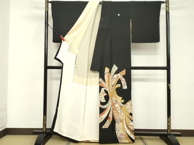 平和屋着物●豪華黒留袖　友禅　駒刺繍　熨斗花文　金彩　正絹　逸品　AABG4368fy 平和屋着物□豪華黒留袖 駒刺繍 花車文 金彩 正絹 逸品 DAAY2782op