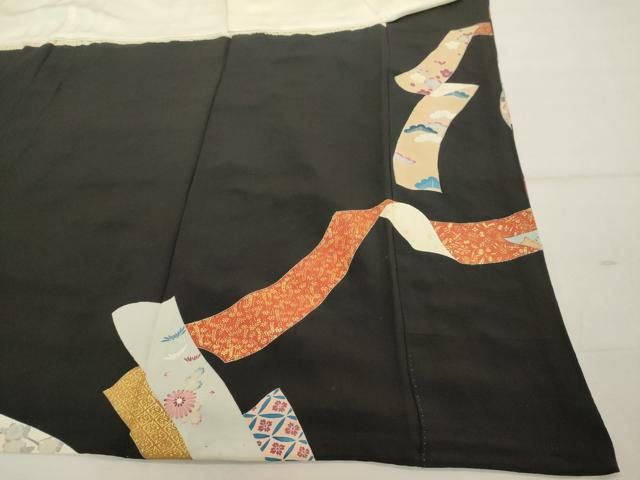 平和屋着物▽豪華黒留袖　単衣　駒刺繍　束ね熨斗文　金彩　正絹　逸品　AABC0340fy 平和屋着物▽豪華黒留袖 単衣 駒刺繍 束ね熨斗文 金彩 正絹 逸品
