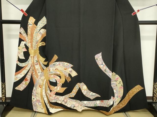 平和屋着物□豪華黒留袖 駒刺繍 束ね熨斗吉祥花蝶文 金彩 高島屋扱い