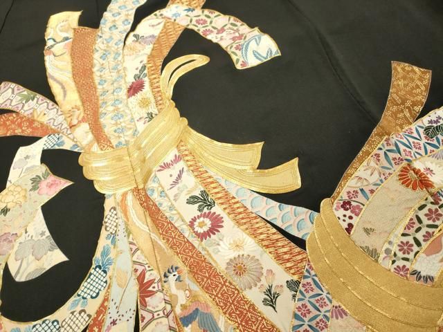 平和屋着物▽豪華黒留袖　単衣　駒刺繍　束ね熨斗文　金彩　正絹　逸品　AABC0340fy 平和屋着物▽豪華黒留袖 単衣 駒刺繍 束ね熨斗文 金彩 正絹 逸品