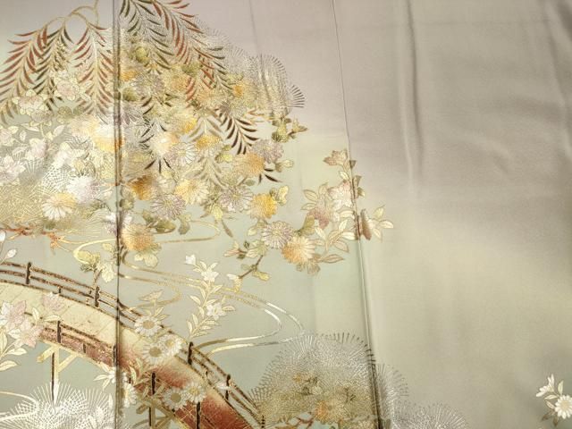平和屋着物□訪問着 作家物 渡橋風景花文 暈し染め 金彩 正絹 逸品