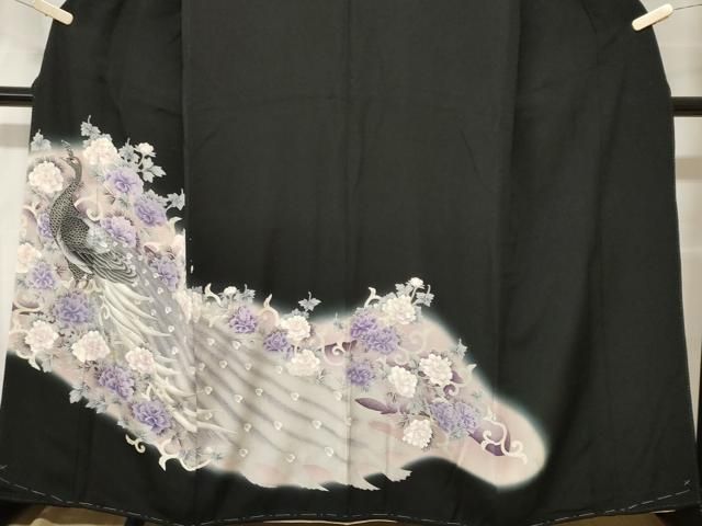 平和屋着物■希少　夏物　黒留袖　花蝶唐草文　暈し染め　銀彩　逸品　CZAA4265s5 平和屋着物□豪華黒留袖 刺繍 孔雀花唐草文 暈し染め 銀彩 正絹 逸品