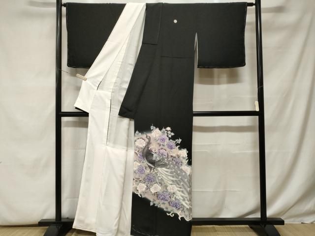 平和屋着物■希少　夏物　黒留袖　花蝶唐草文　暈し染め　銀彩　逸品　CZAA4265s5 平和屋着物□豪華黒留袖 刺繍 孔雀花唐草文 暈し染め 銀彩 正絹 逸品