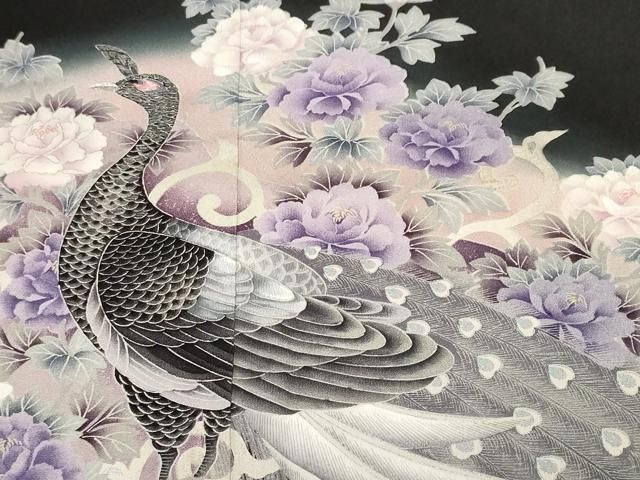 平和屋着物■希少　夏物　黒留袖　花蝶唐草文　暈し染め　銀彩　逸品　CZAA4265s5 平和屋着物□豪華黒留袖 刺繍 孔雀花唐草文 暈し染め 銀彩 正絹 逸品