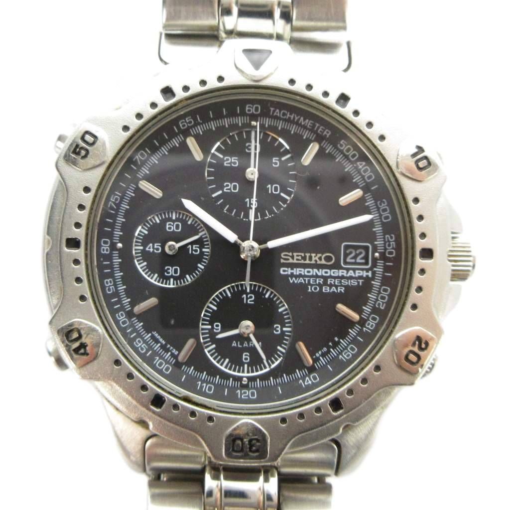 セイコー SEIKO 7T32-6E40 腕時計 ウォッチ クォーツ クロノグラフ 黒文字盤 カレンダー付き シルバー色 ■GY11 /MQ