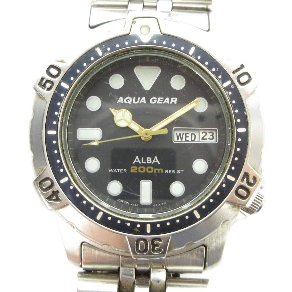 セイコー SEIKO ALBA アルバ AQUA GEAR V346-6A10 腕時計 ウォッチ クォーツ 黒文字盤 カレンダー付き シルバー色 ■GY18 /MQ