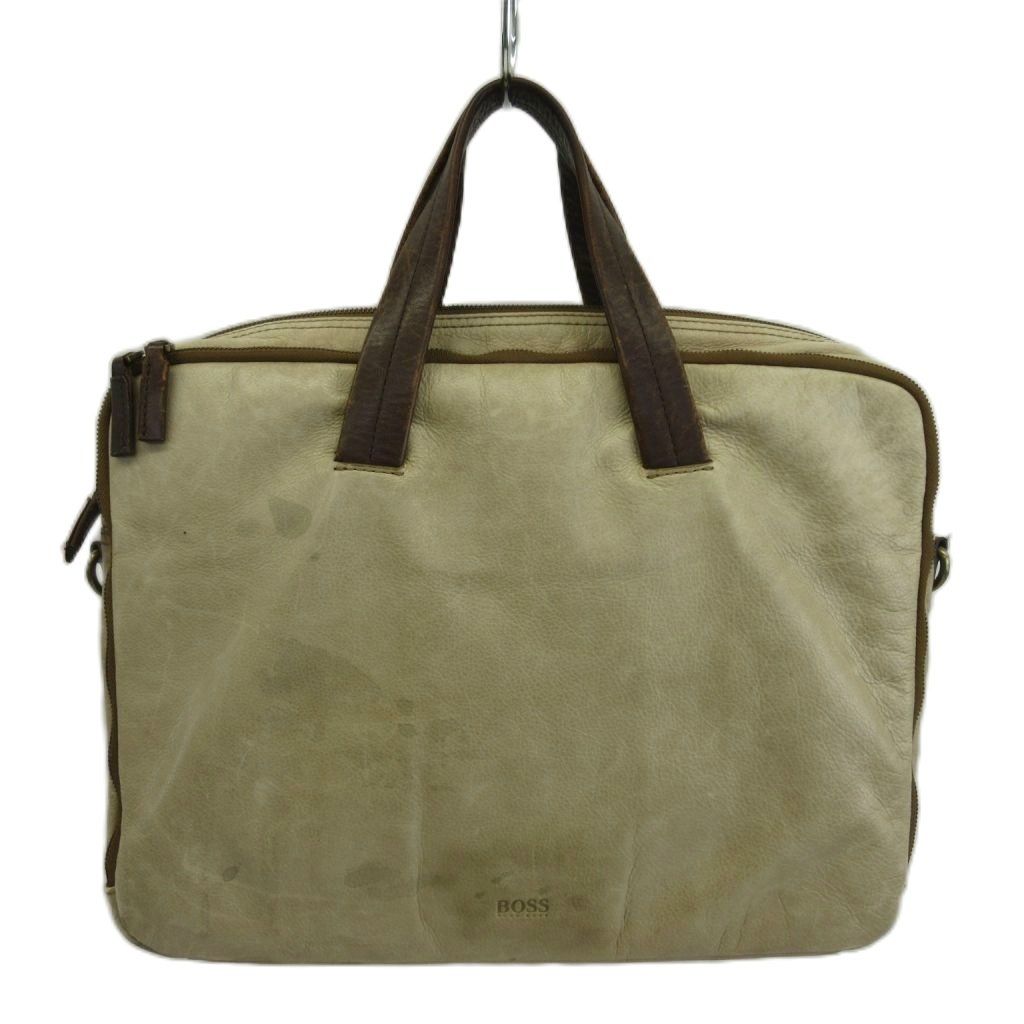 ヒューゴボス HUGO BOSS ビジネスバッグ ブリーフケース ショルダー 2WAY レザー ロゴ 型押し ベージュ 茶色 ブラウン /XZ ■GY18
