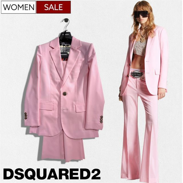 【定価261,800円(税込)】DSQUARED2 ディースクエアード 美しいシルエットと上質ウールが大人の余裕を醸す ウール混スーツ セットアップ 上下 ジャケット＆パンツ フレアパンツ ピンク S75FT0252S54411 レディース イタリア製