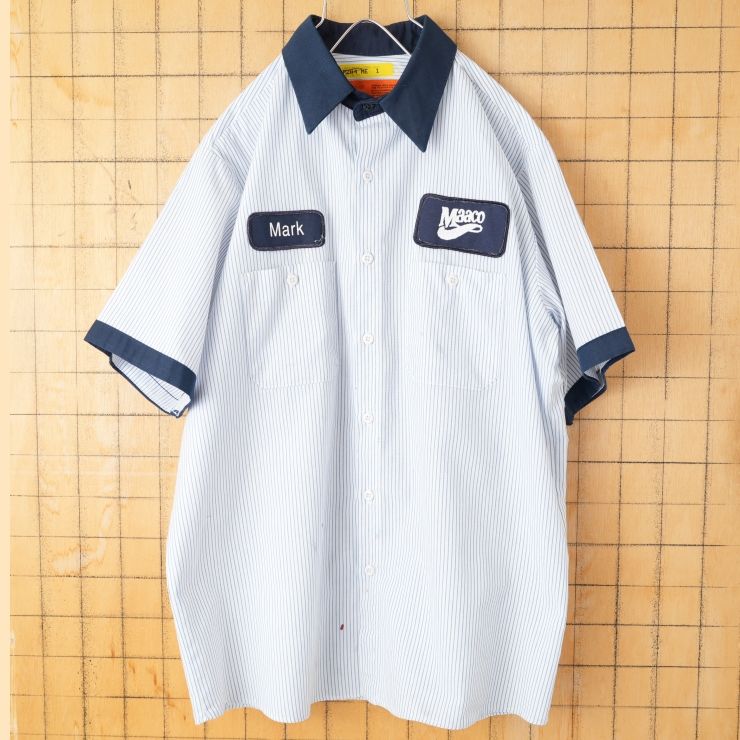 70s 80s USA製 UniFirst Maacoワッペン ストライプワークシャツ ブルー メンズL 半袖 アメリカ古着　031926ss25