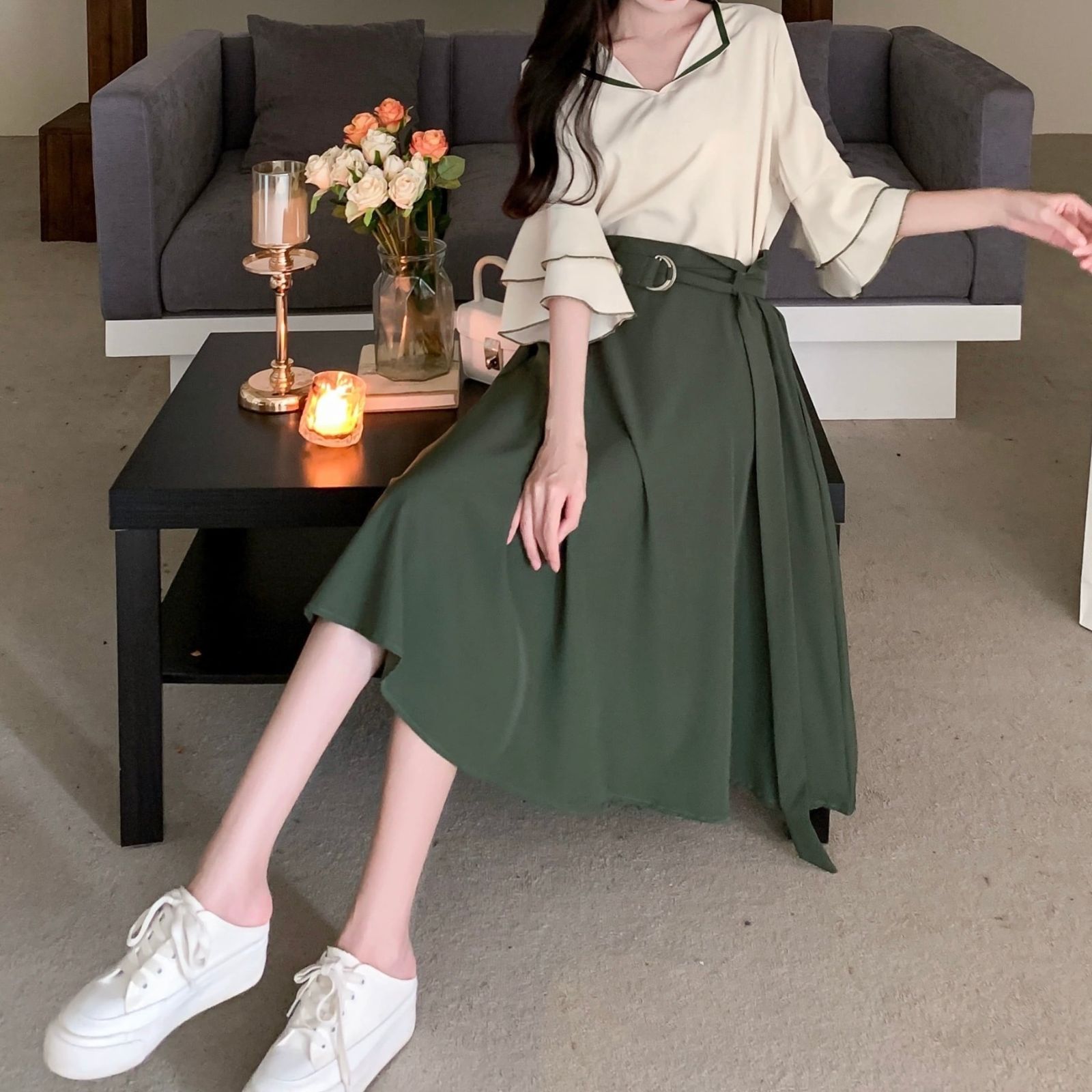 人気商品 きれいめガーリー シフォンブラウス+ミモレ丈スカート レディース 韓国 韓国ファッション シフォン ブラウス スカート セット セットアップ カジュアル 大人可愛い 上品 フォーマル 通勤 通学 学生 カレッジコーデ ミドル丈 M L