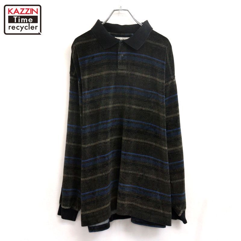 90s vintage IMPRINTS ボーダー柄 ベロア 長袖ポロシャツ メンズ 表記XXLサイズ