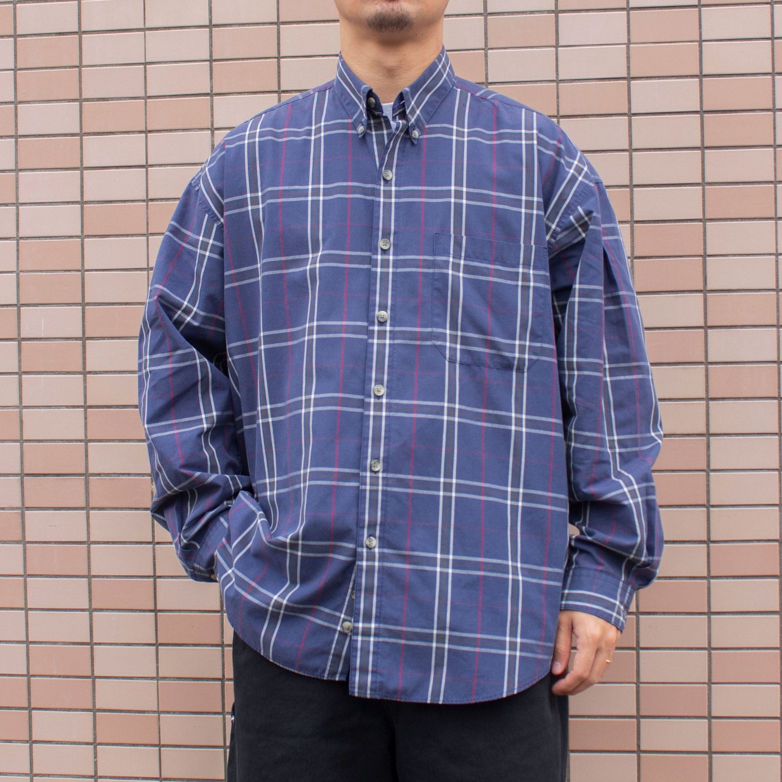 Perry Ellis Portfolio 90's Cotton Poly Tuck Shirt / Blue【XL】 メンズ 古着 シャツ ペリーエリス アメリカ古着 90s 80s