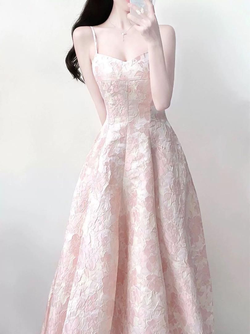 人気商品 パステルピンク花柄ロングドレス 結婚式 パーティー 優しい色味