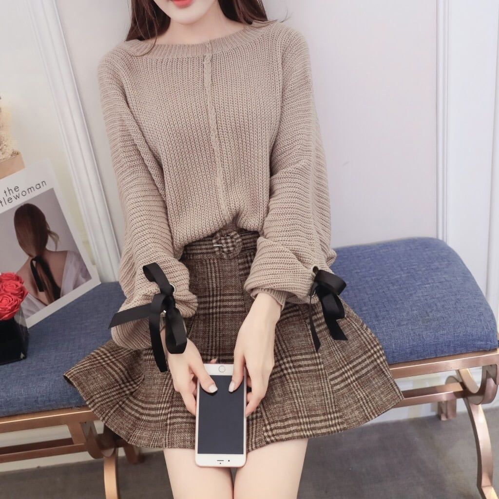 人気商品 フェミニン パフスリーブリボンカットソー＆グレンチェックミニスカート レディース ニット トップス チェックスカート セットアップ 2点セット 秋冬 おすすめ　 /