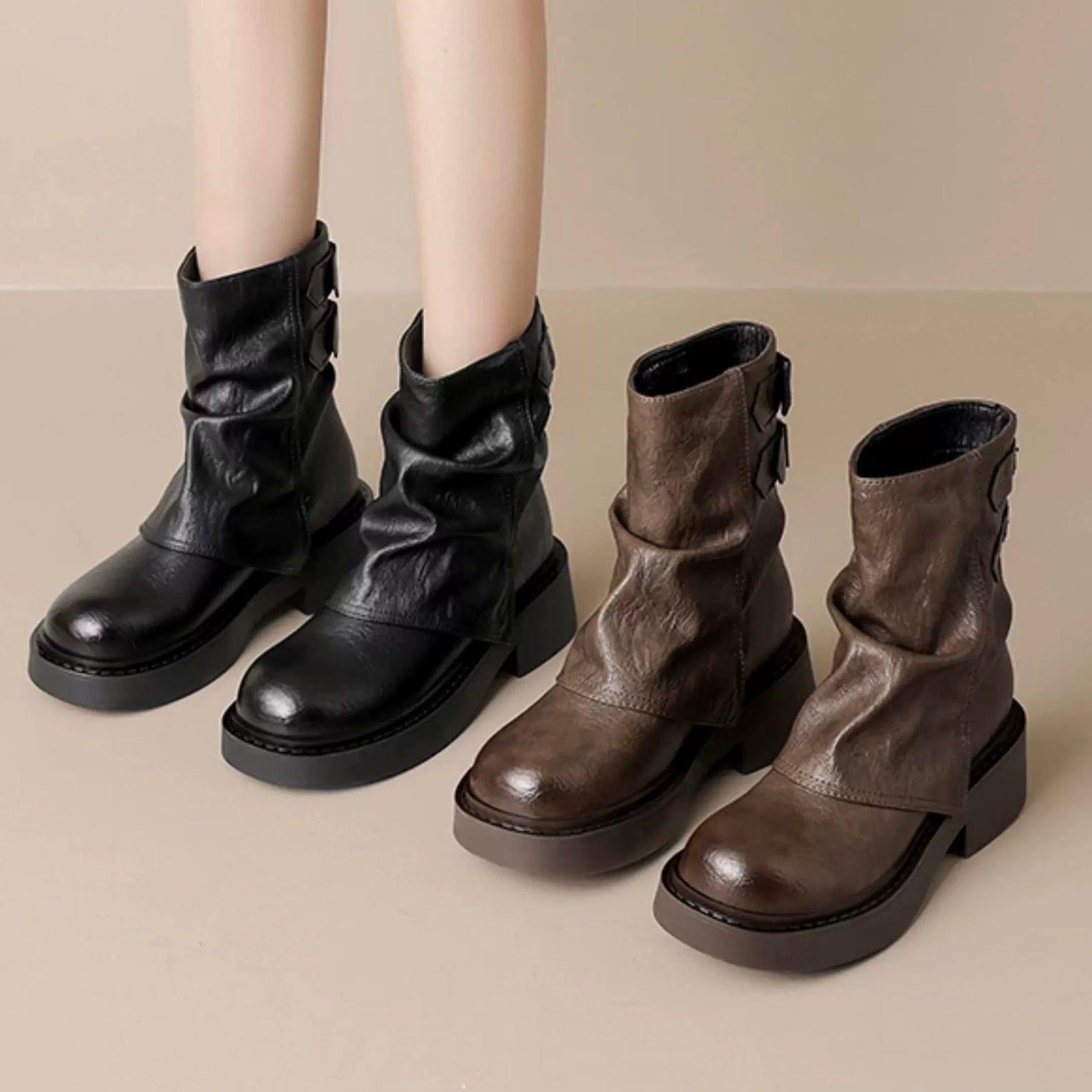 人気商品 レトロガーリー 美脚ショートブーツ レディース ブーツ 厚底 スタイルアップ 秋冬 茶色 黒 ブラウン ブラック ショートブーツ