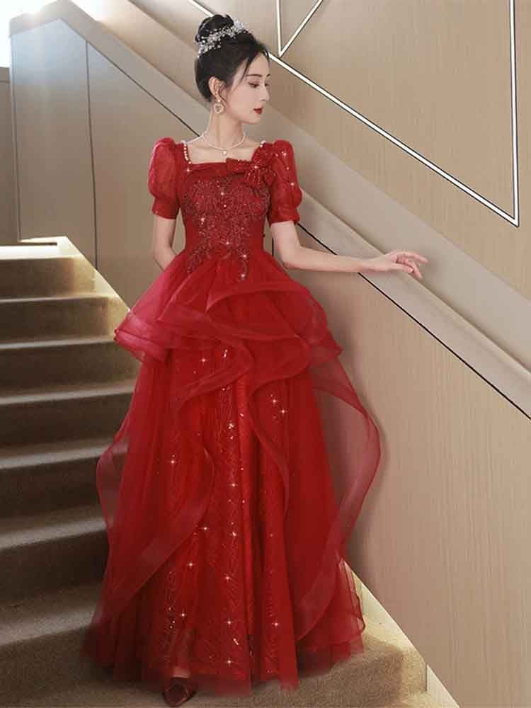 人気商品 ウエディングドレス 二次会 前撮り 大きいサイズ 結婚式/二次会ドレス 海外挙式 ウェディングドレス ライトドレス 花嫁ドレス ロングドレス 後撮り 結婚式 スレンダードレス 半袖 ワンピース 宴会 司会者　ワインレッド