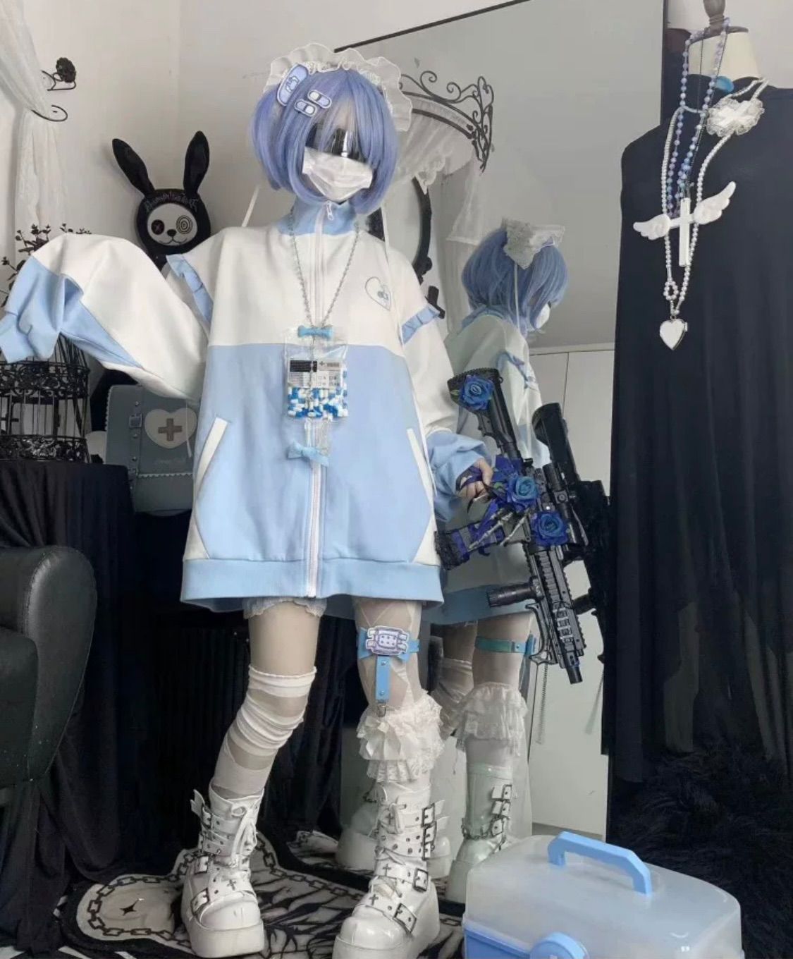 人気商品 パーカー　ブルー　ジャージ　サブカル　服　天使界隈　水色界隈　ロリィタ　長袖　地雷系　量産型　ゴスロリ　渋谷　原宿　病みかわいい　夢かわいい　推し活　トップス　長袖　秋　冬　シンプル　ゆったり　大きめ