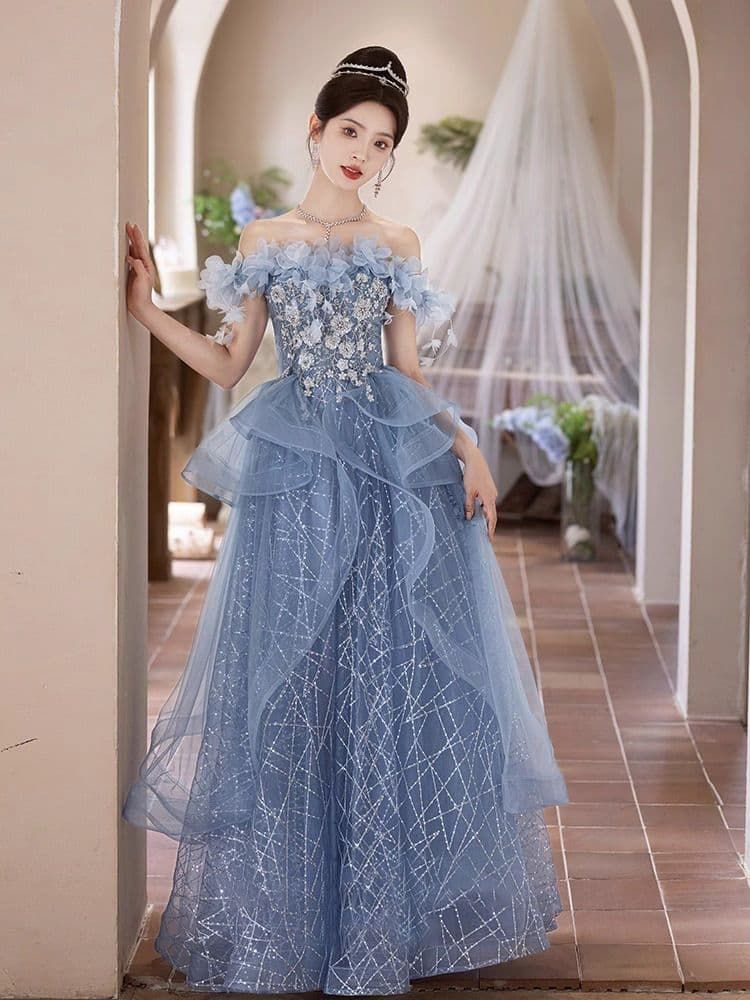 人気商品 新品 胸元の立体フラワーと煌めくラインが美しいロングドレス 演奏会 発表会