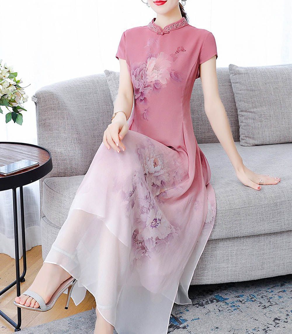 人気商品 チャイナドレス風ワンピース ロング丈 半袖 アオザイ風ワンピース 夏 マキシチャイナ風ワンピース チャイナドレス Aライン シルクドレス お呼ばれ 結婚式 0787