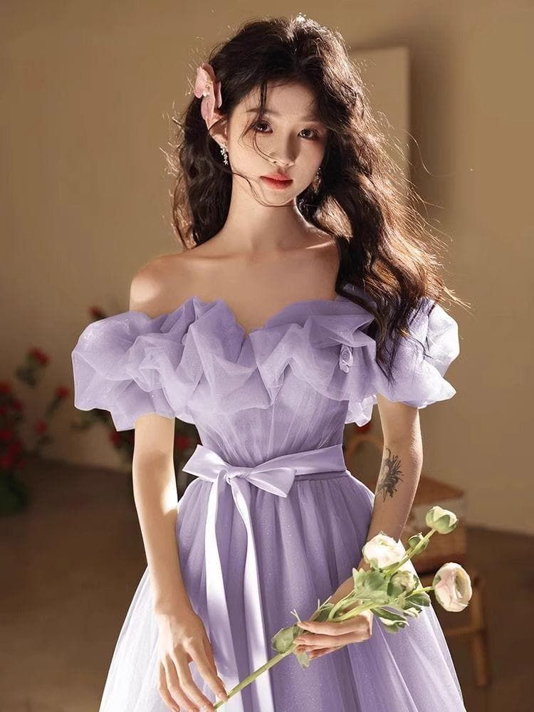 人気商品 新品 優しいラベンダーのふんわりロングドレス オフショルダー フェミニン