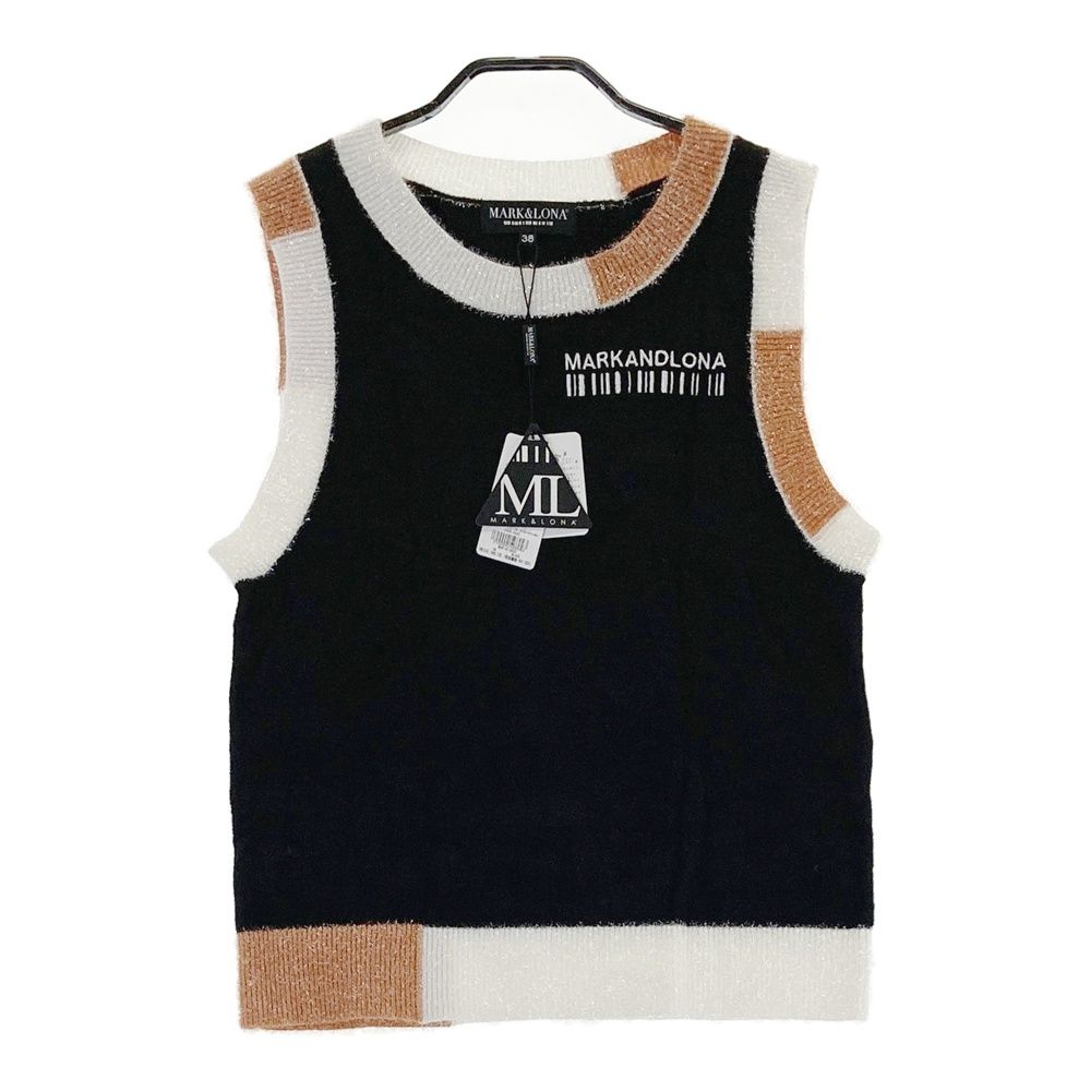 サイズ：38 MARK&LONA マークアンドロナ 2024年モデル ラメ糸切替 ロゴ刺繍入りニットベスト ブラック系 [240101564896] ゴルフウェア レディース ストスト