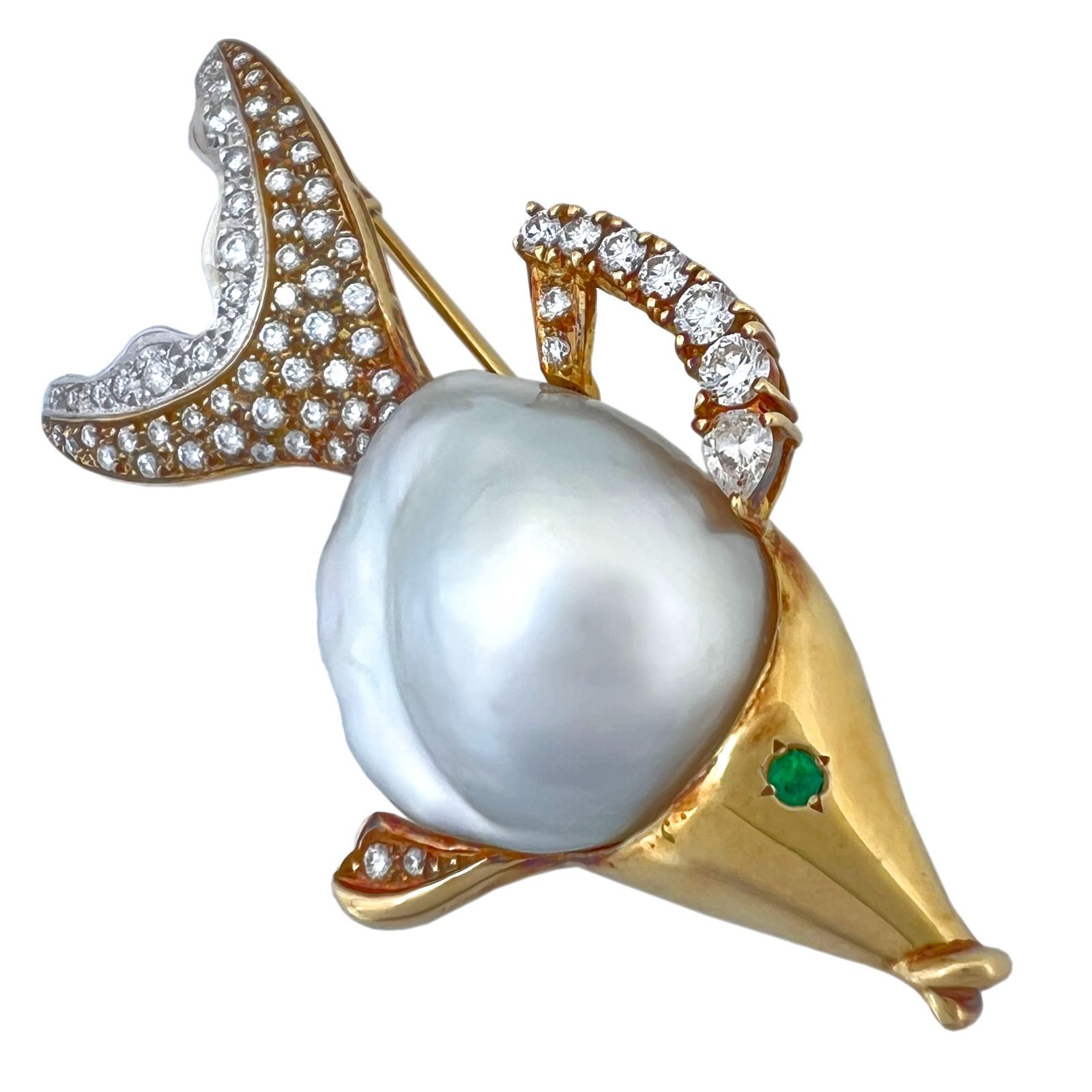 MIKIMOTO　ミキモト　ブローチ　フィッシュ　魚　バロックパール　大振り　ダイヤ　エメラルド　K18　YG　WG