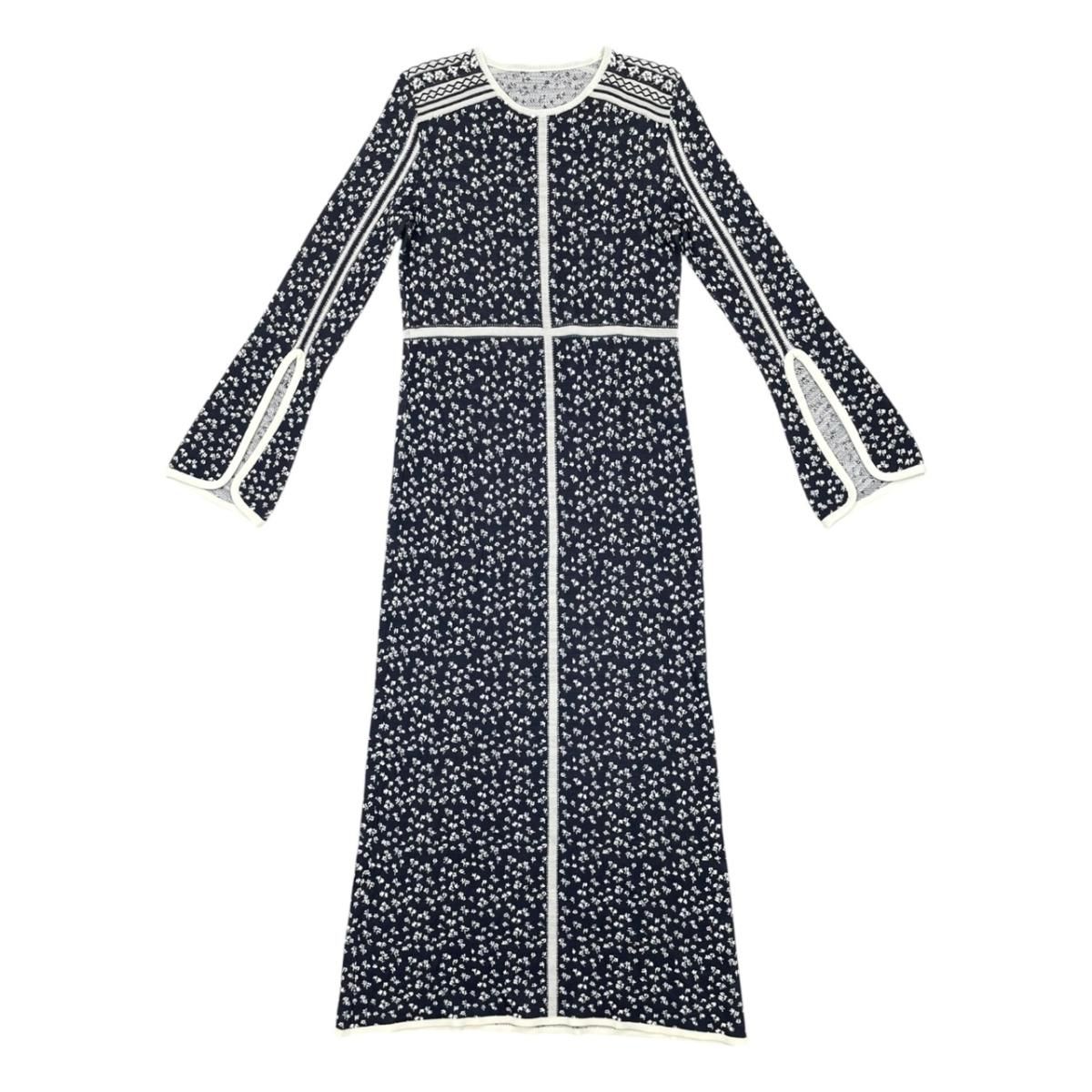 ☆マメクロゴウチ ニットワンピース ジャガードドレス MM21FW-KN043 1サイズ キンモクセイ 花柄 ネイビー ホワイト Mame Kurogouchi