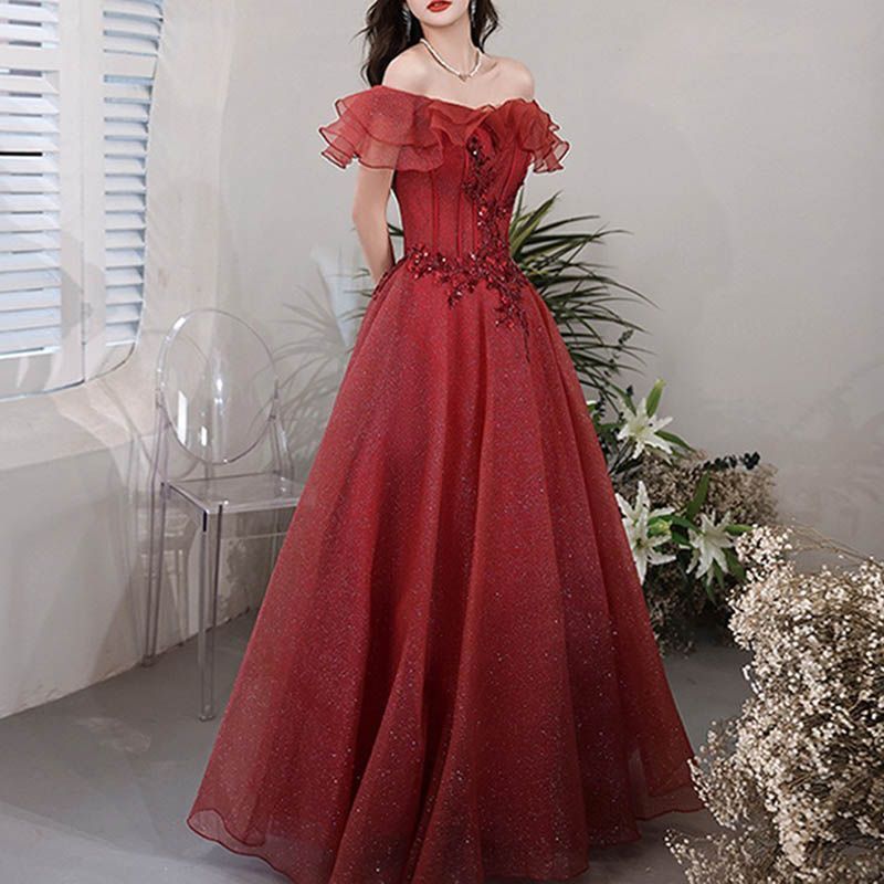 人気商品 イブニングドレス オフショルダー レッド ロングドレス ボートネック 発表会ドレス 30代 お呼ばれドレス 二次会ドレス パーティードレス チュール スパンコール刺繍 華やか 0832