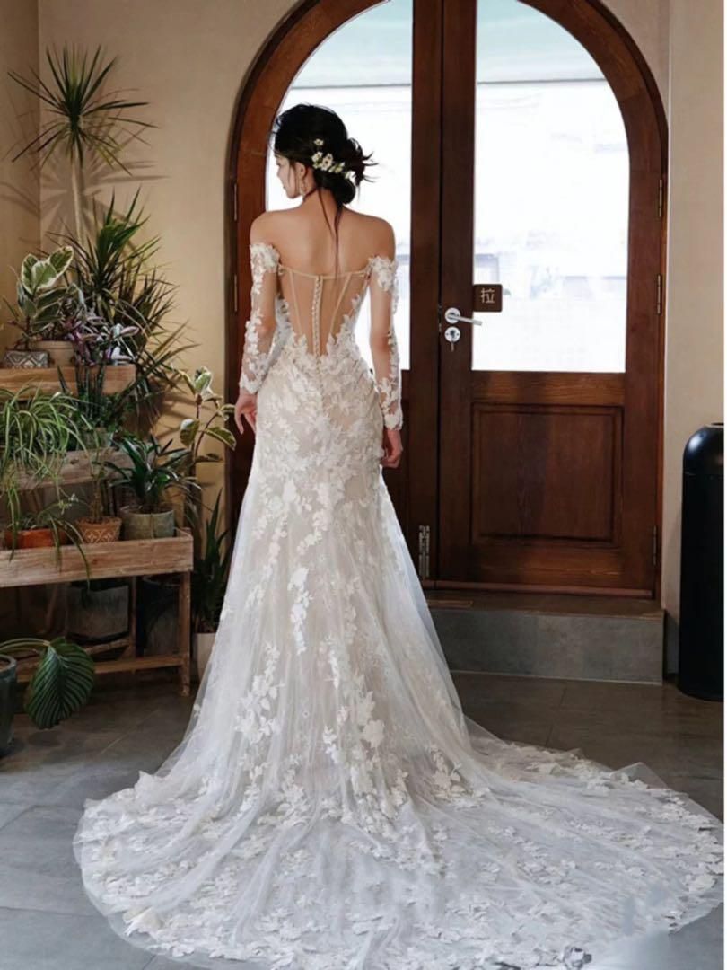 人気商品 25年新作 総レースウェディングドレス★ロング丈オフショル★結婚式