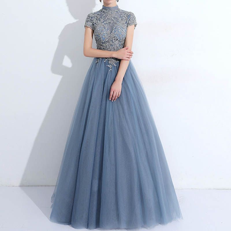 人気商品 ウェディングドレス カラードレス ブルー 結婚式 ロングドレス 演奏会 イブニングドレス 花嫁 パーティードレス 半袖 レース シフォン ふんわり フォーマルドレス ブライズメイドドレス 1045