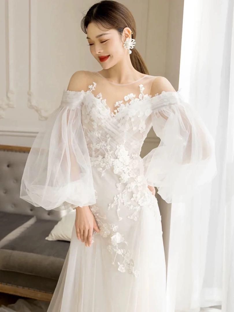人気商品 新品未使用 結婚式前撮りに最適 レースウェディングドレスロング丈