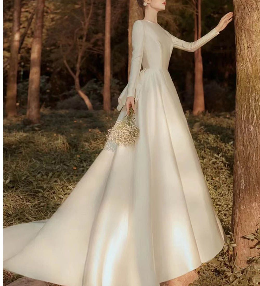 人気商品 結婚式 長袖 袖あり ウェディングドレス ウエディングドレス Aライン シンプル 花嫁ドレス トレーン ロングトレーン 前撮り 二次会ドレス サテンドレス 1317