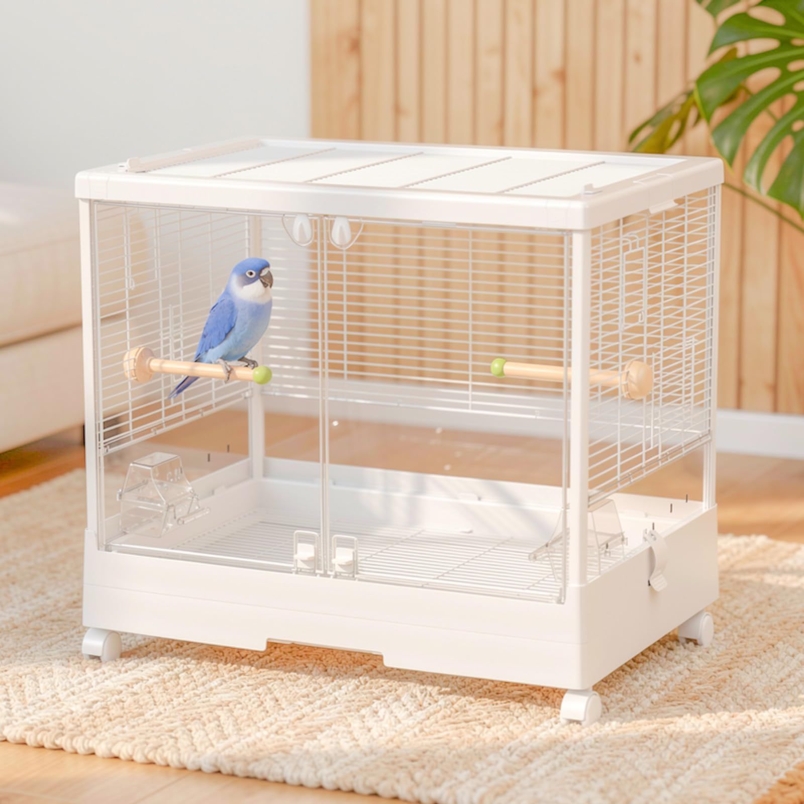 ケージ インコ オカメインコ 多頭飼い 頑丈なアルミ合金柱 掃除しやすい 65cm幅 透明大前門 止まり木/餌入れ付 餌飛び散り防止】 【21cm高い囲い ストッパー付キャスター バードケージ 移動便利 大型 鳥かご (ホワイト) Ruexue