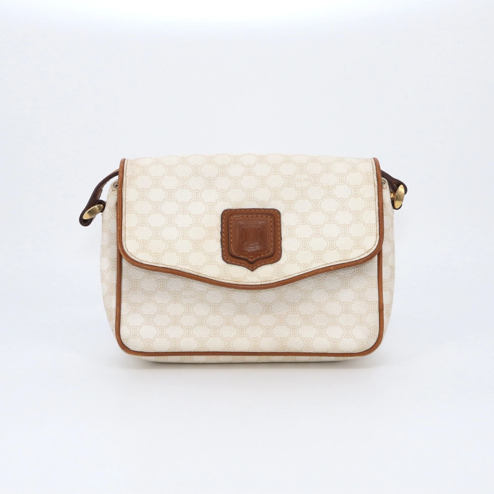 【中古】美品 CELINE White Macadam Half Flap Crossbody Bag ヴィンテージ セリーヌ ホワイトマカダム ショルダーバッグ