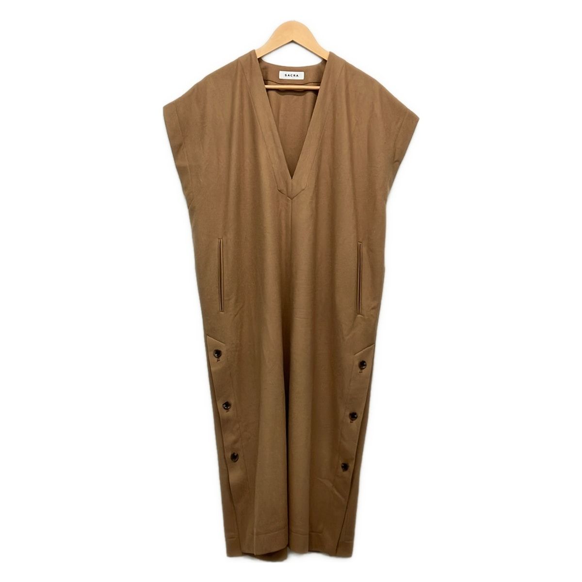 SACRA(サクラ) ワンピース サイズ38 M レディース美品 - ライトブラウン Vネック/ノースリーブ/ロング