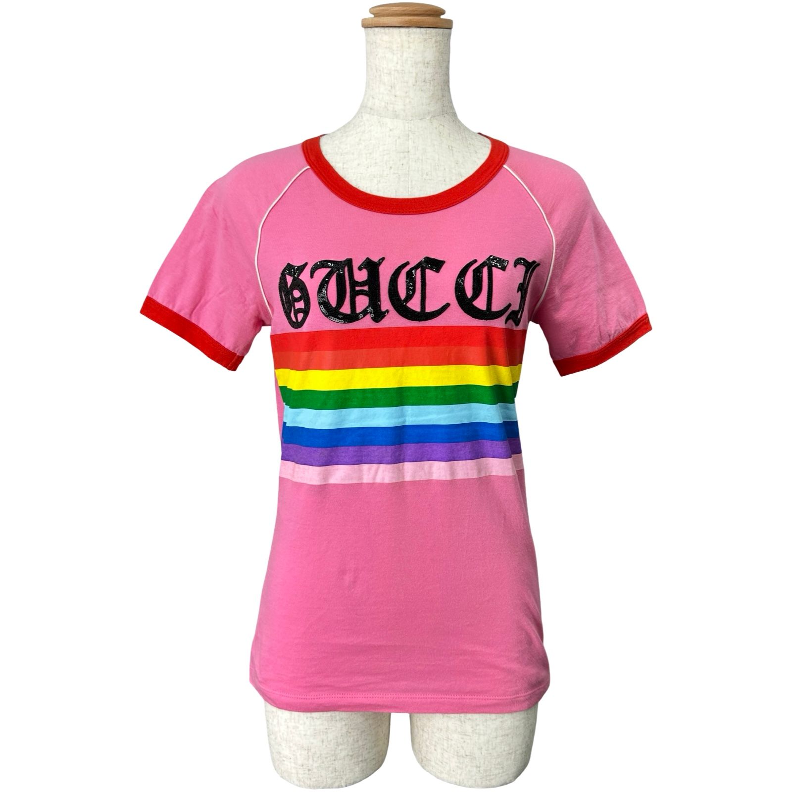 グッチ GUCCI スパンコールロゴ刺繍Tシャツ 461423 ピンク コットン レディース 半袖Ｔシャツ
