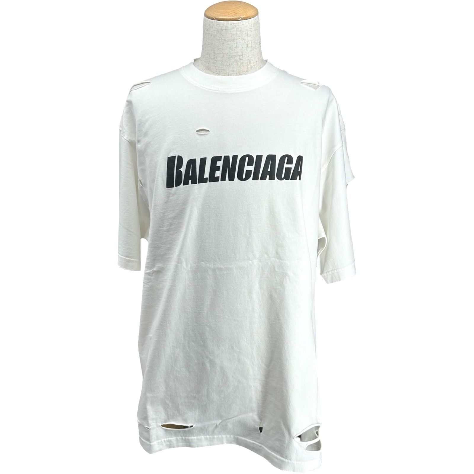 バレンシアガ BALENCIAGA デストロイ加工ロゴプリントTシャツ 651795 ホワイト コットン メンズ 半袖Ｔシャツ