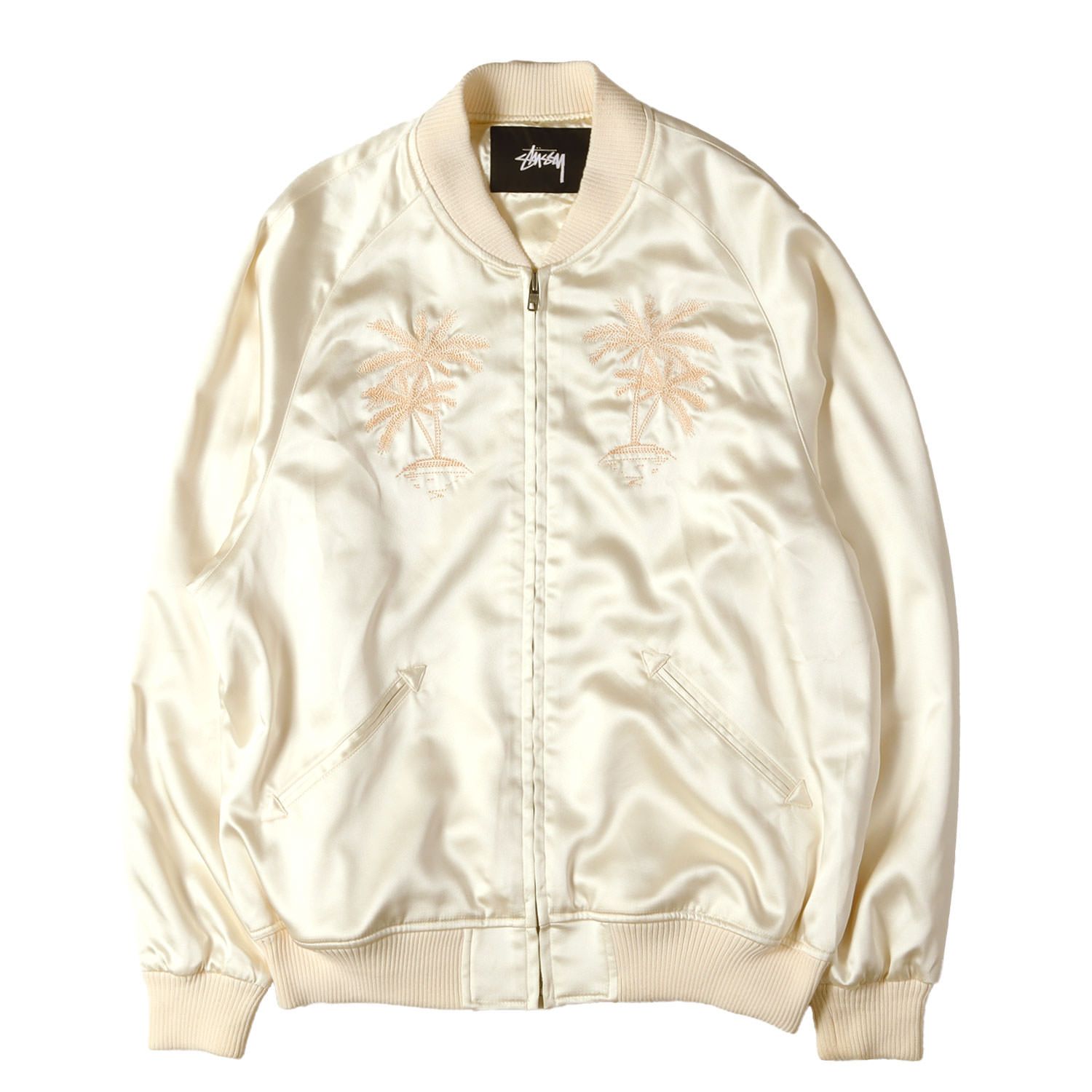 STUSSY ステューシー スカジャン パール/アイボリー サイズ:Ｍ | パームツリー / ストックロゴ 刺繍 フルジップ サテン スカジャン (Satin Palm Jacket) | アウター ジャケット 上着 ジャンパー【メンズ】【中古】