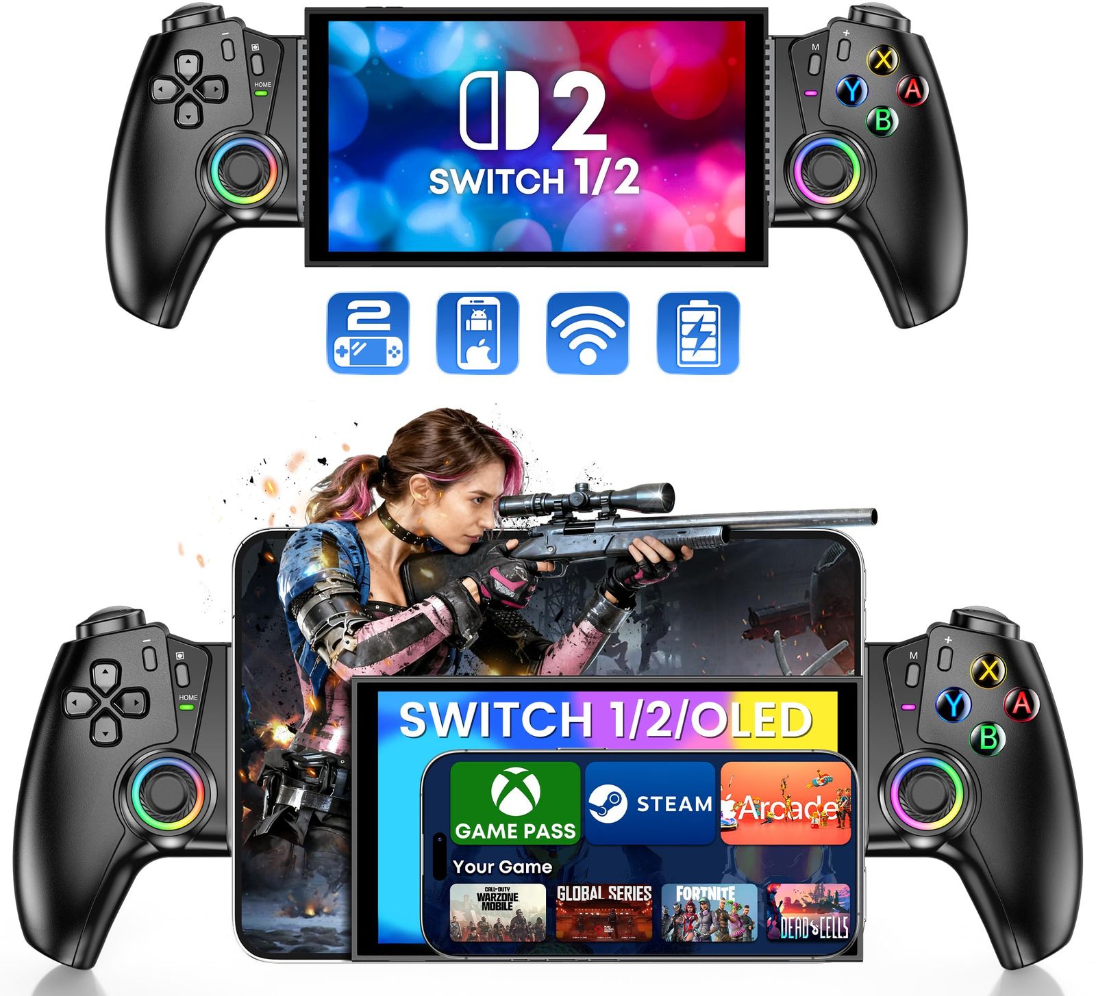 Switchのボタン配置 20cm伸縮 RGBライト 6軸ジャイロセンサー ホール効果スティック 4段階振動+ターボ連射機能 スマホコントローラーBluetoothゲームコントローラー Elekasumi