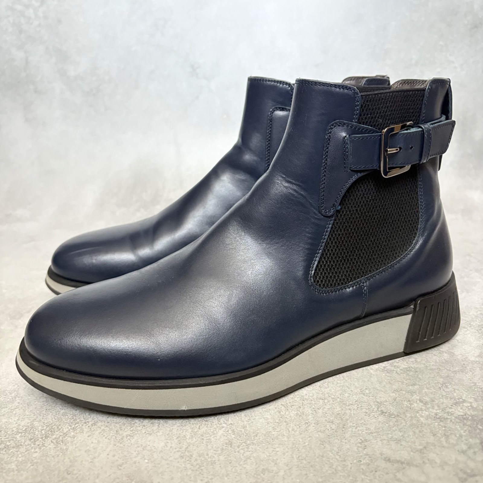 Sergio Rossi バックル サイドゴアブーツ 7.5 紺 レザースニーカーソール 美品 厚底 メンズ