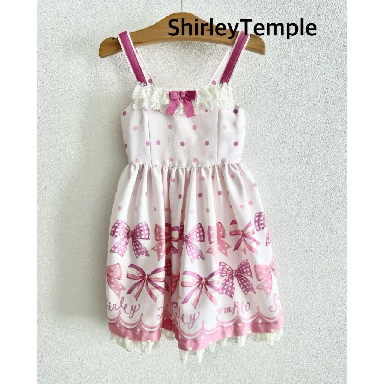 ShirleyTemple　シャーリーテンプル　リボンプリントジャンパースカート 日本製　110 ピンク系　可愛い　オシャレ　女の子　キッズ　子供服　オシャレ　送料込み 3408182