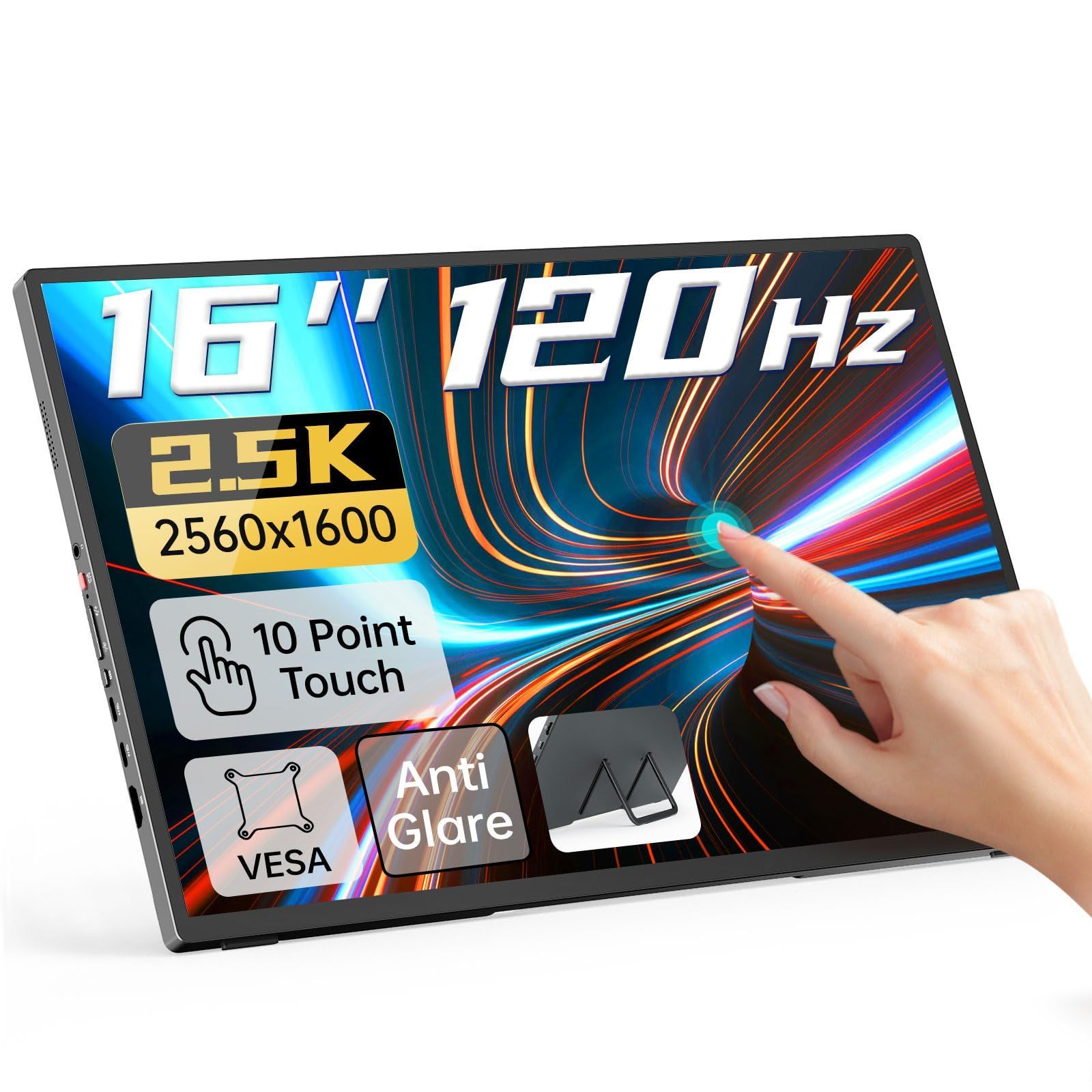 【在庫処分】2560x1600 自立型スタンド sRGB 100% ゲーミングモニター モバイルディスプレイ 120Hz タッチ 2.5K 10点マルチタッチ 16:10 16インチ AGアンチグレア非光沢IPS液晶パネル タッチパネル USB Type-C/