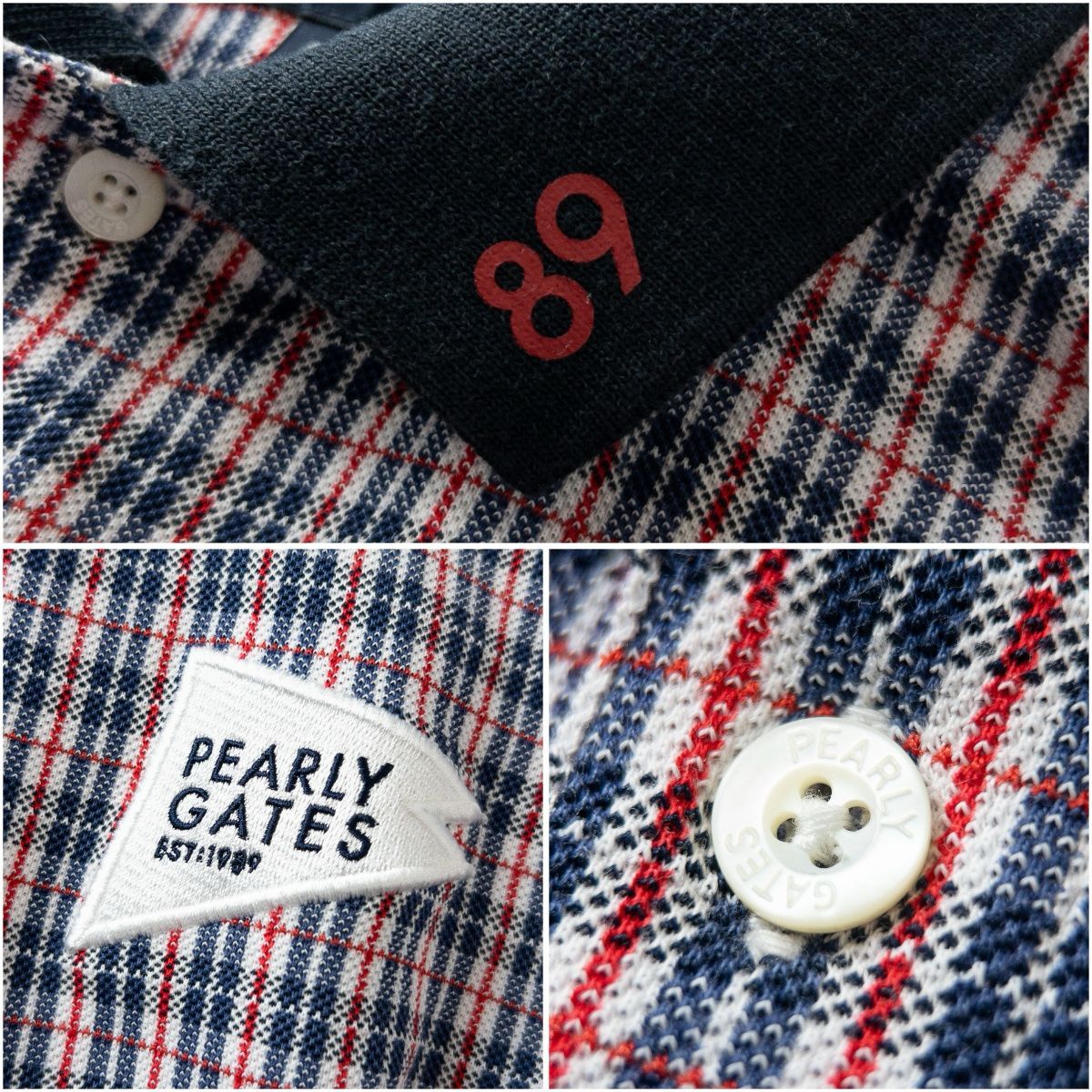 630 新品 パーリーゲイツ定価33,000円 刺繡ロゴ赤×紺チェック4 M 美品 定価2.4万 PEARLY GATES パーリーゲイツ 半袖 ポロシャツ