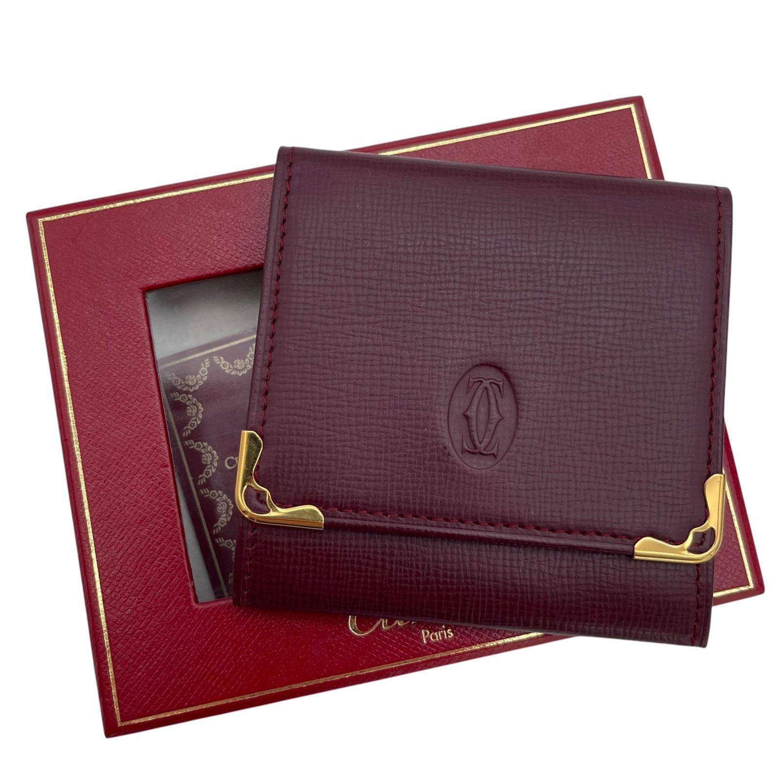 美品 Cartier カルティエ L3000158 コインケース 小銭入れ 財布 ロゴ 金具 ボルドー レディース 箱付き