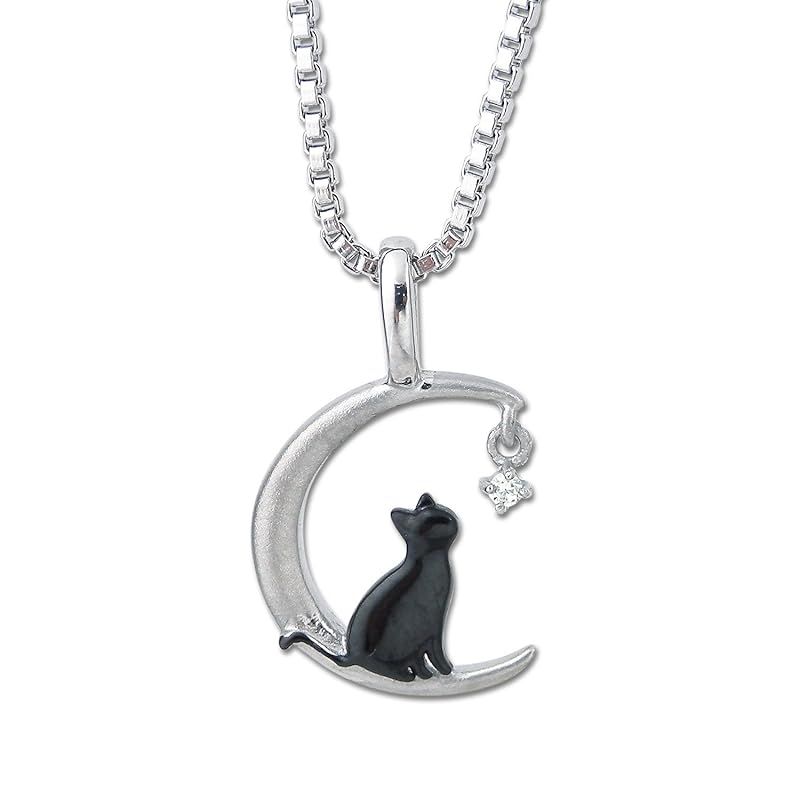 【新品】 [L'AmoreEterno] ネックレス レディース ステンレス サージカルステンレス ジルコニア 猫と月 ブラック ギフト 誕生日 記念日 プレゼント【スライダー式ベネチアンチェーン（スティックタイプ）】