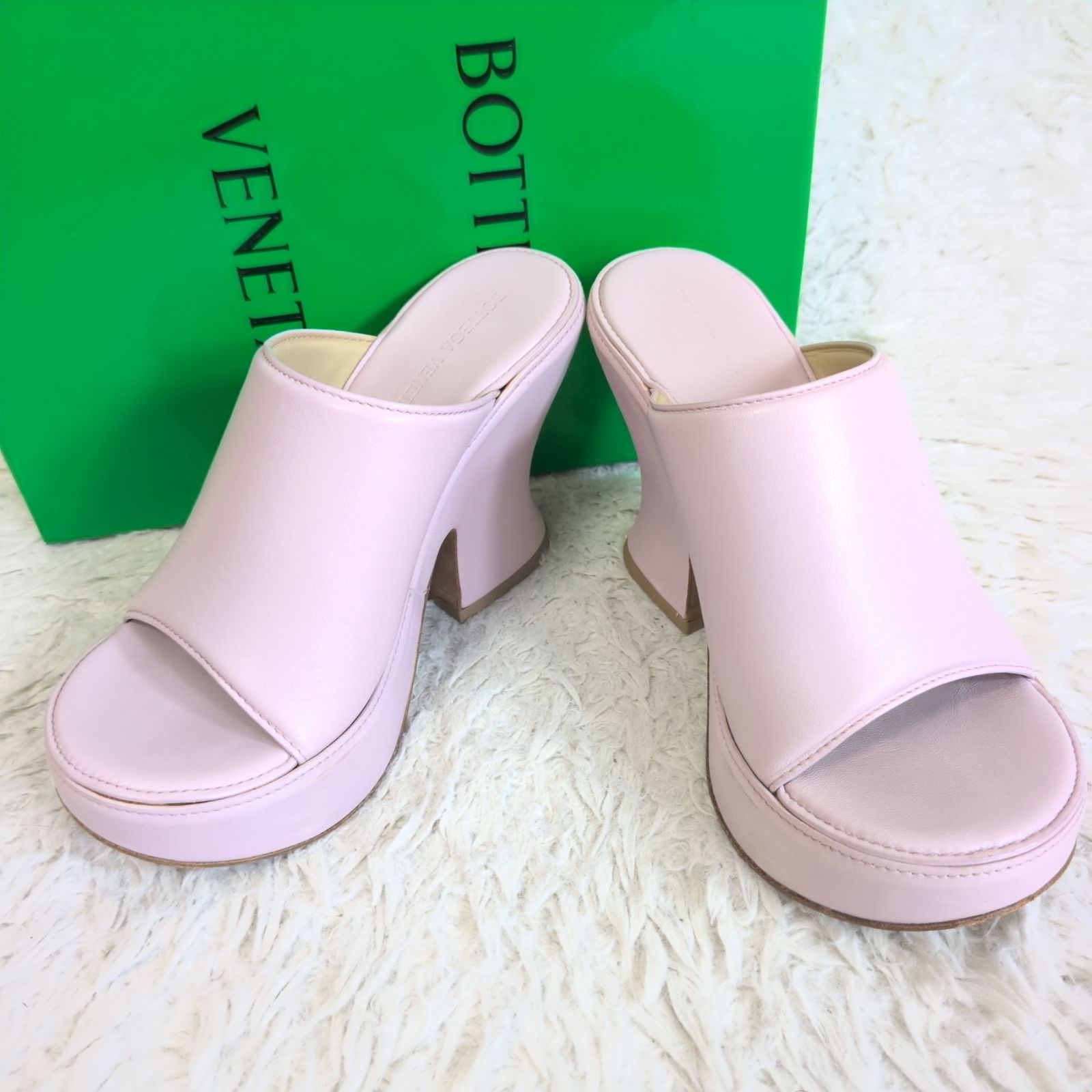 美品✨BOTTEGA VENETA ボッテガヴェネタ スタック ウェッジミュール サンダル ピンク 厚底 チャンキーヒール ハイヒール 36