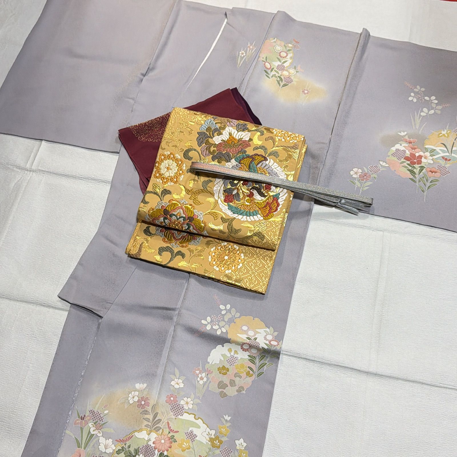 ＊確認用＊ 友禅　駒刺繍　訪問着　正絹　着物　袋帯　結婚式 京友禅 銀通し 金駒刺繍 2点セット 振袖 袋帯 花柄 トールサイズ 正絹