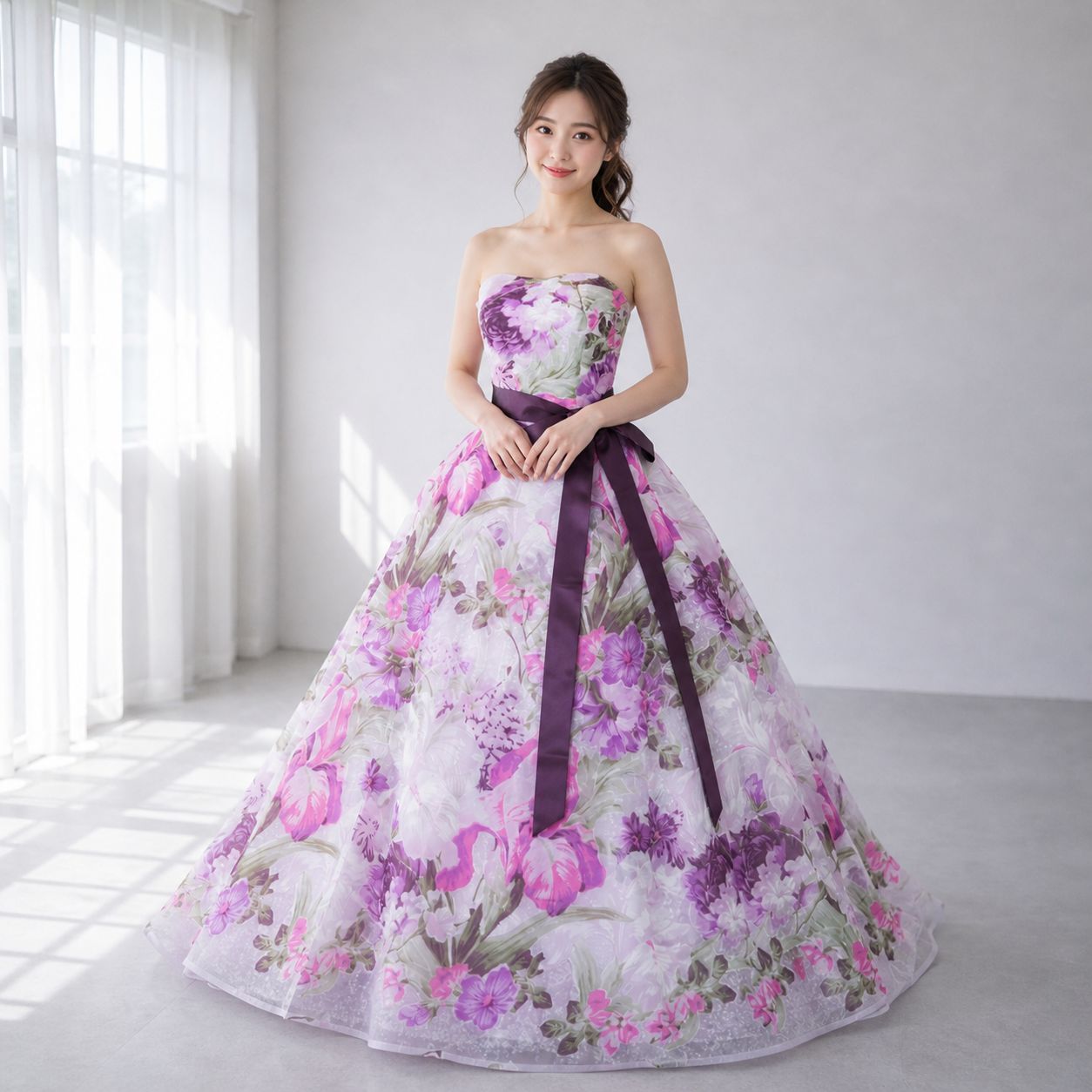【新品未使用】ピンク×パープル 花柄 カラードレス プリンセスライン フラワープリント 9号〜13号 編み上げ 前撮り 二次会 演奏会