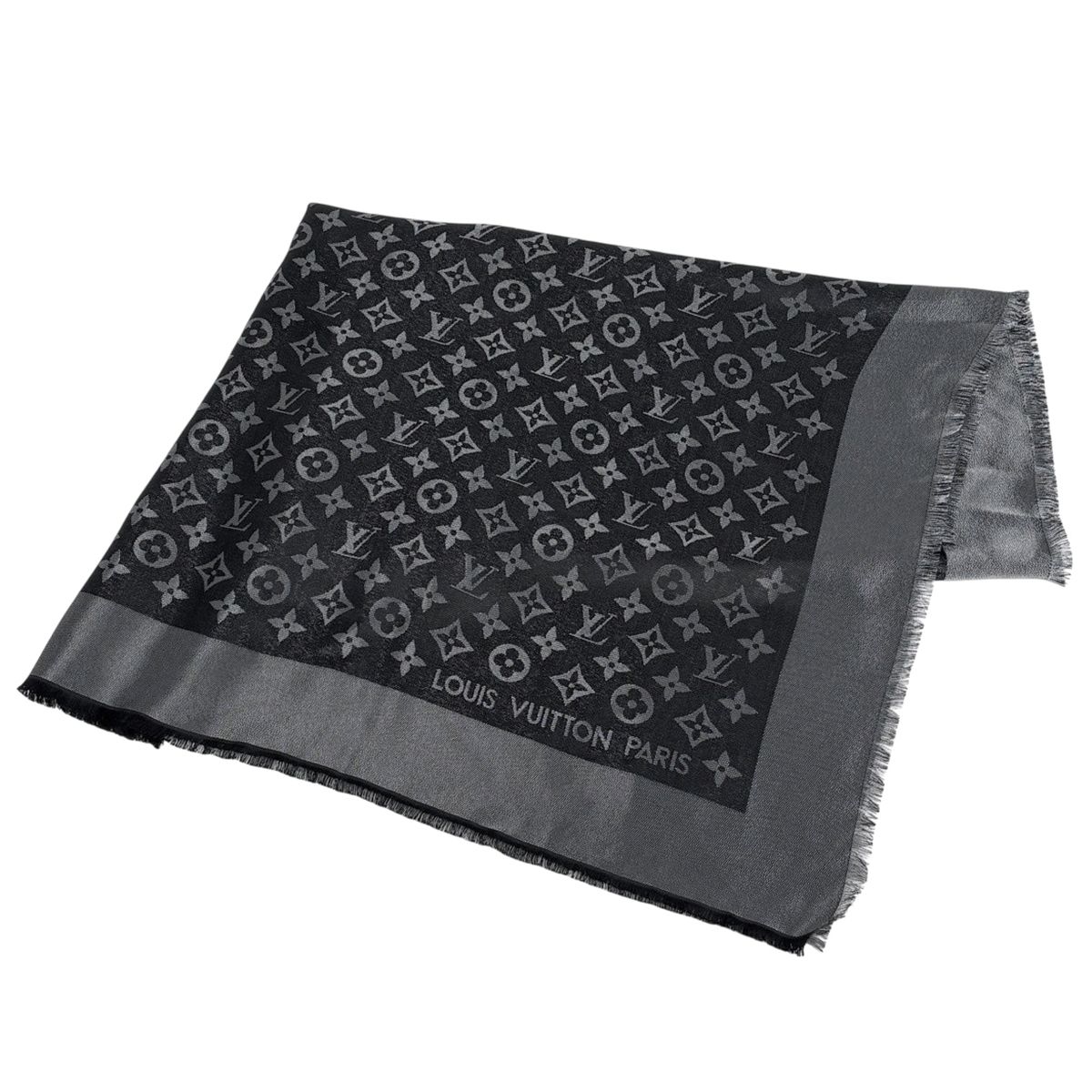 ルイ・ヴィトン Louis Vuitton ショール モノグラム シャイン ストール 大判 シルク ウール 金属繊維 ブラック レディース 【中古】